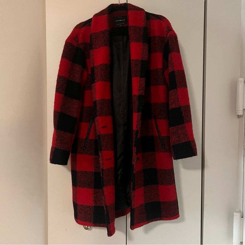 Lucky Brand Red & Black Buffalo Plaid Pea Coat